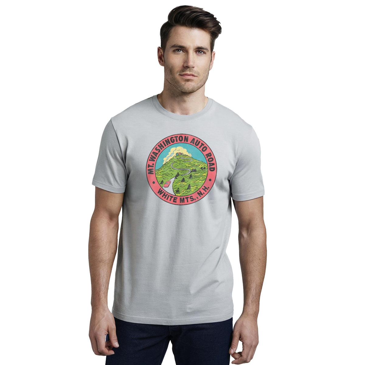 Mt Washington Retro Staple T-shirt in Silver On Model - Front View