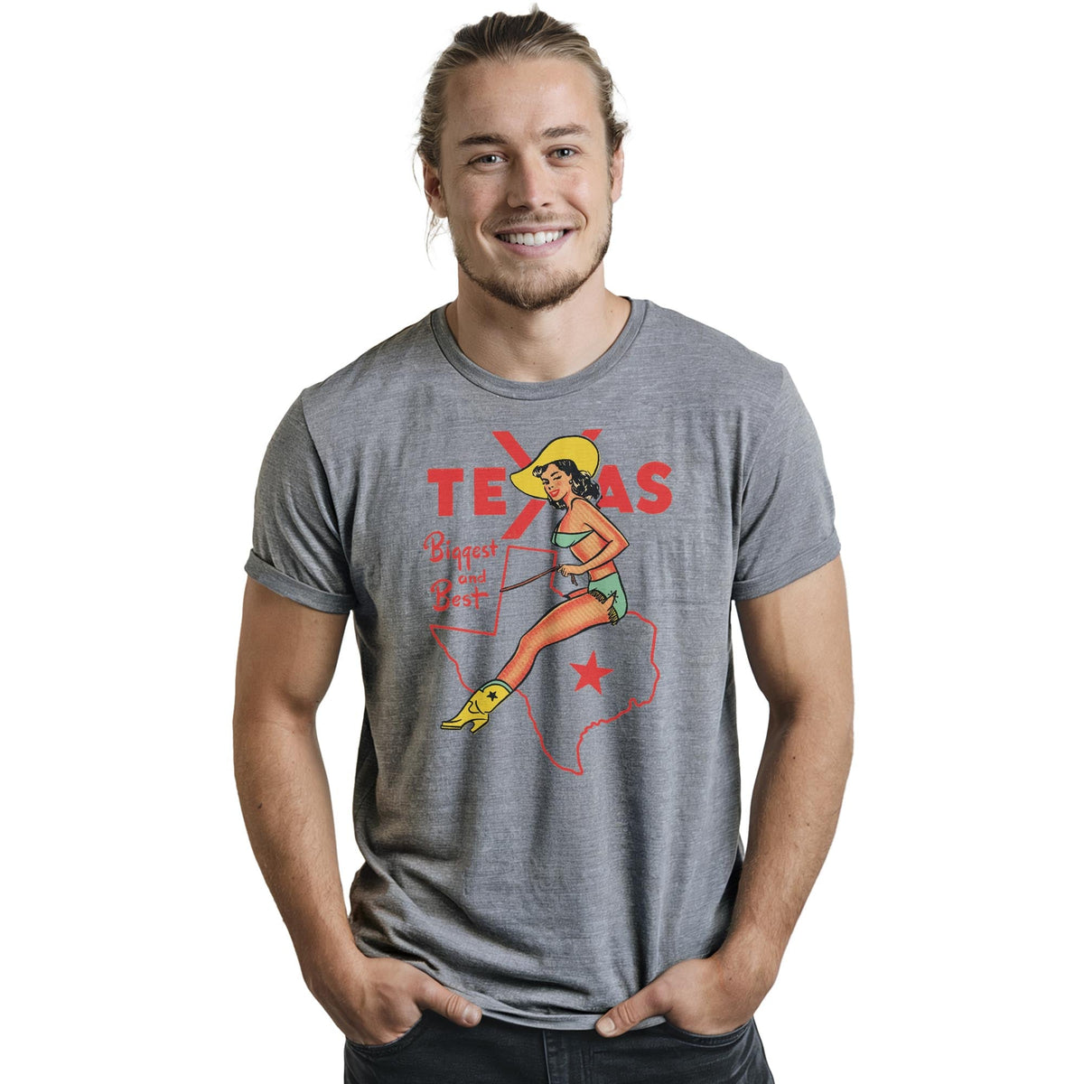Texas Biggest & Best Vintage Staple T-shirt in Ash Heather On Model - Front View