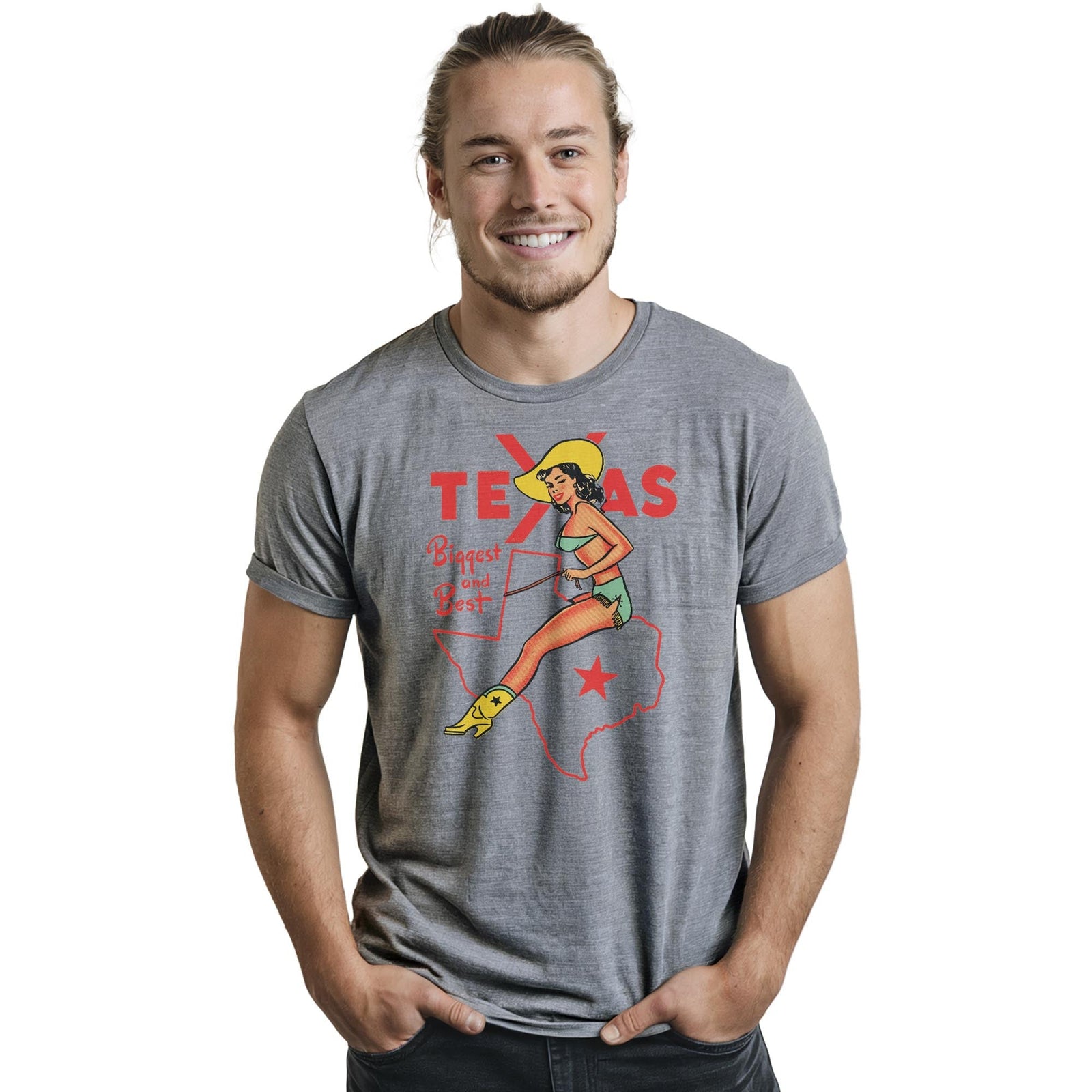 Texas Biggest & Best Vintage Staple T-shirt in Ash Heather On Model - Front View