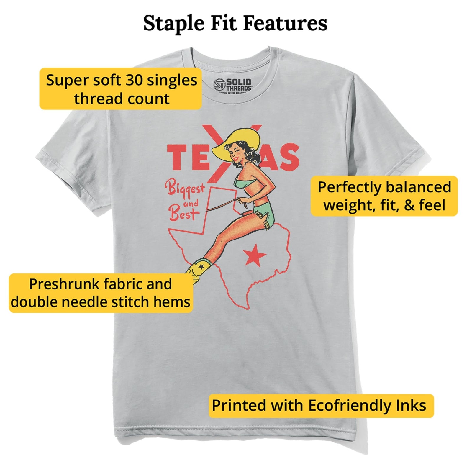 Texas Biggest & Best Vintage Staple T-shirt in Silver - Fit Attributes