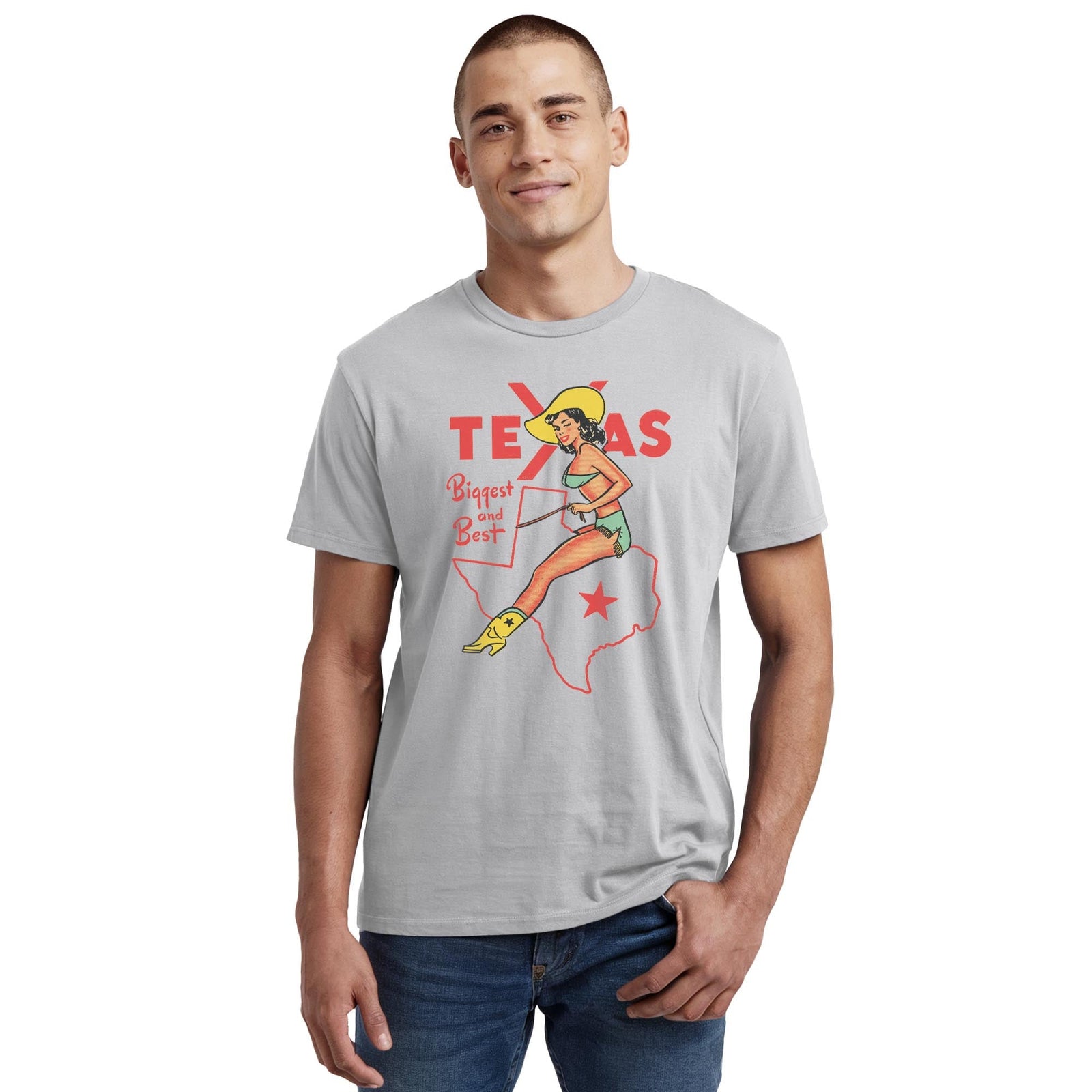 Texas Biggest & Best Vintage Staple T-shirt in Silver On Model - Front View