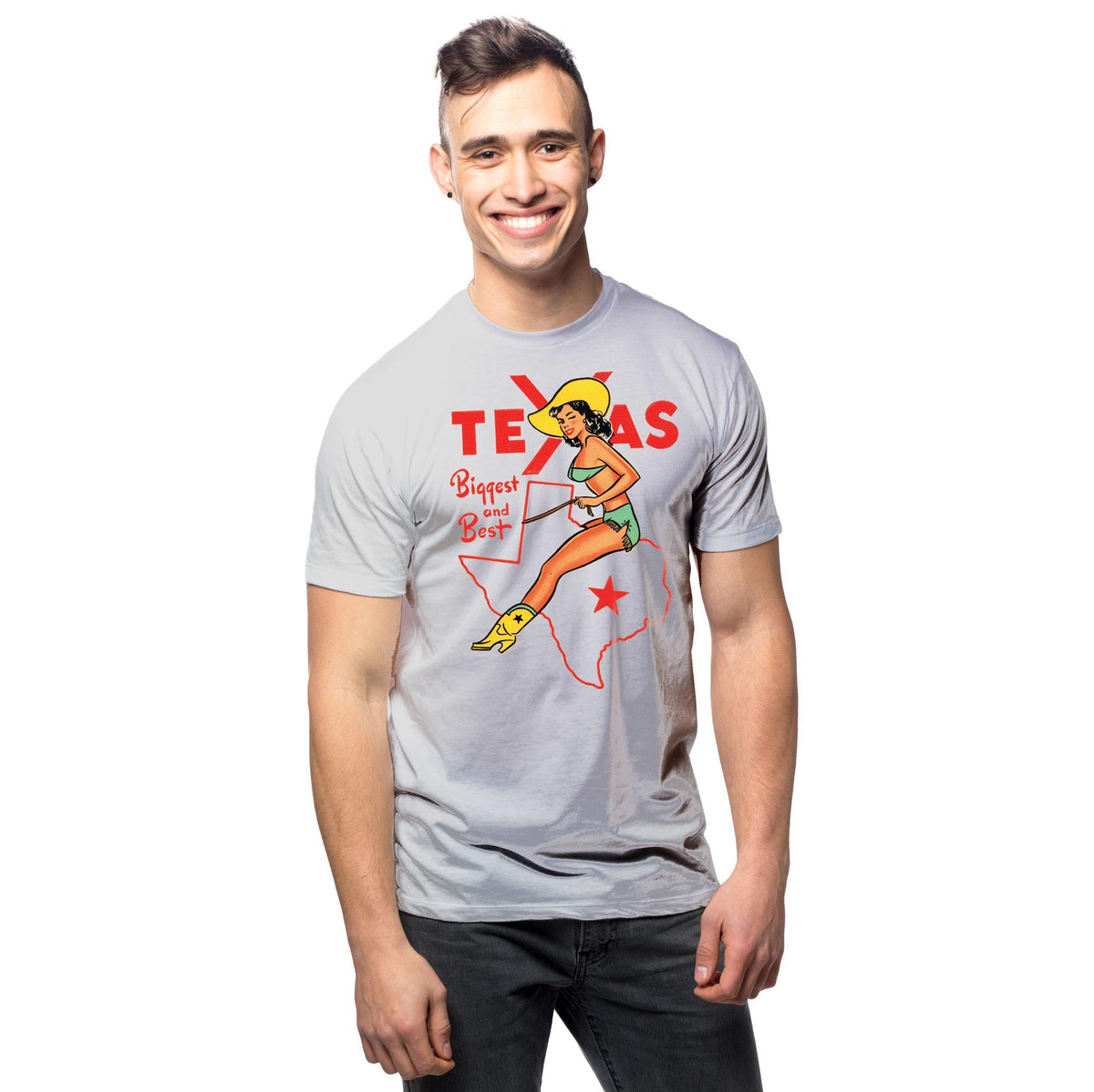 Men's Texas Biggest & Best Vintage Graphic T-Shirt | Cool TX Rodeo Tee on Model | Solid Threads