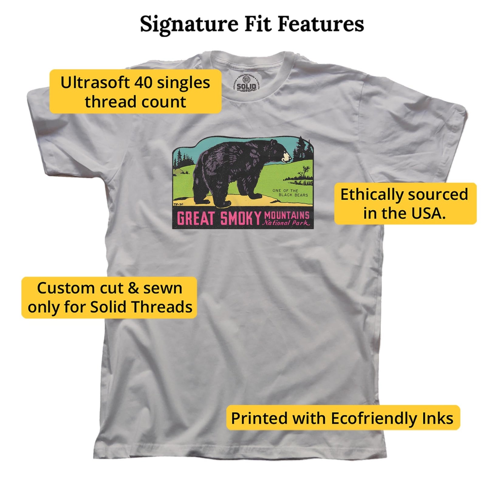 Great Smoky Mts National Park Retro Signature T-shirt in Silver - Fit Attributes