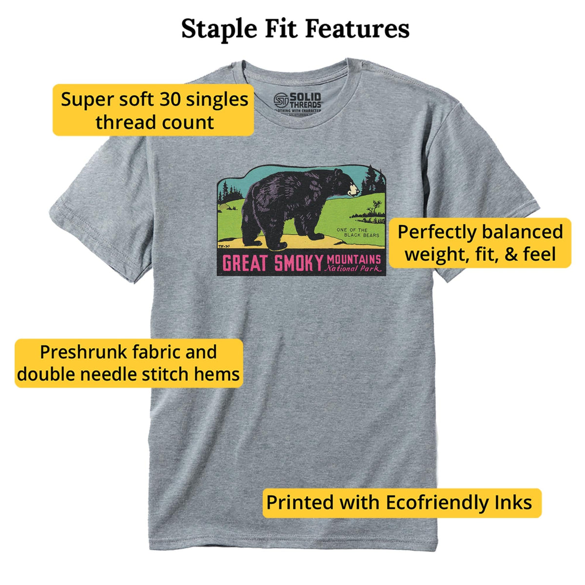 Great Smoky Mts National Park Retro Staple T-shirt in Ash Heather - Fit Attributes