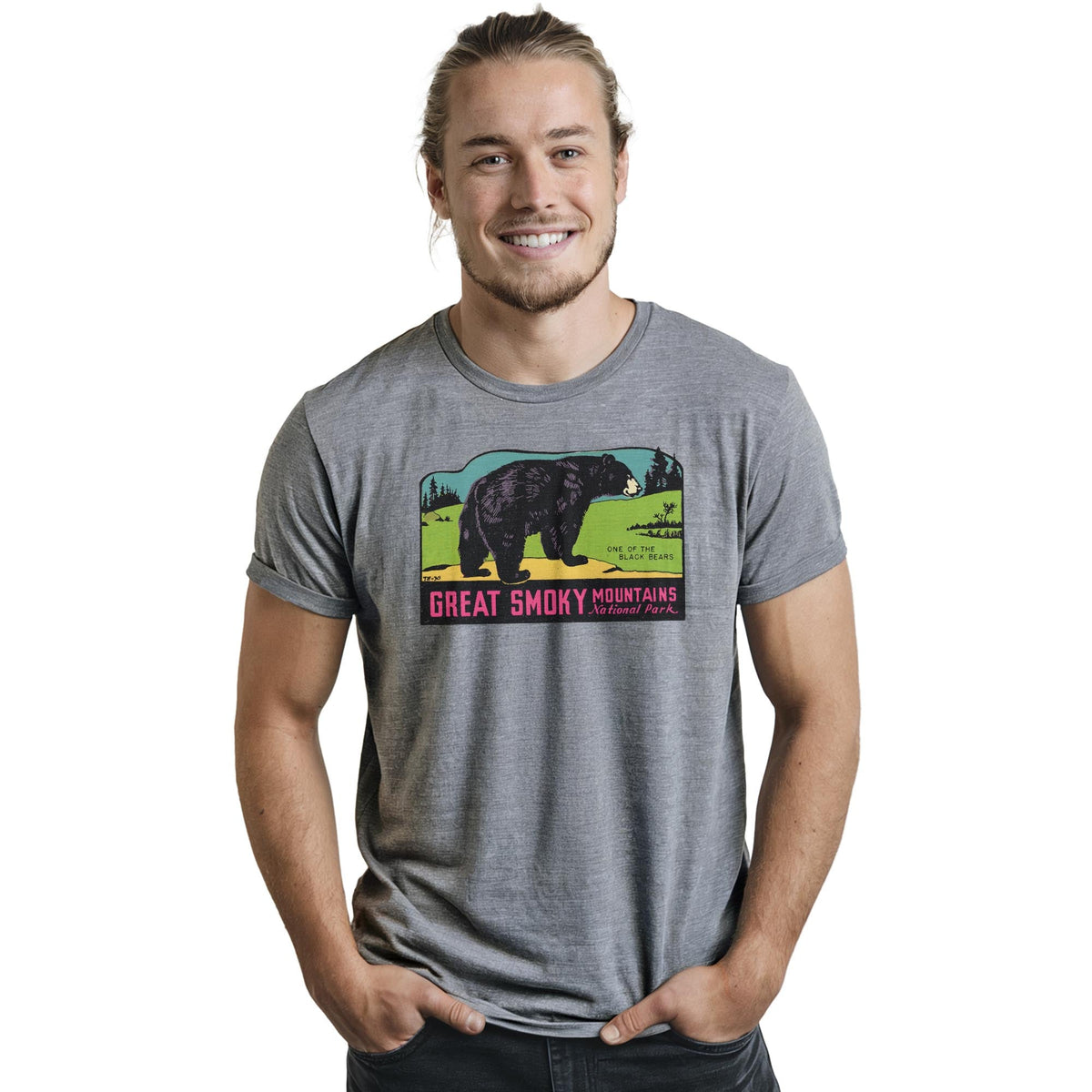 Great Smoky Mts National Park Retro Staple T-shirt in Ash Heather On Model - Front View