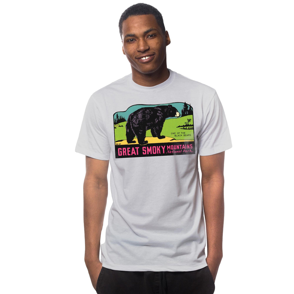 Men's Great Smoky Mts National Park Retro Graphic T-Shirt | Cool NC TN Bear Tee on Model | Solid Threads