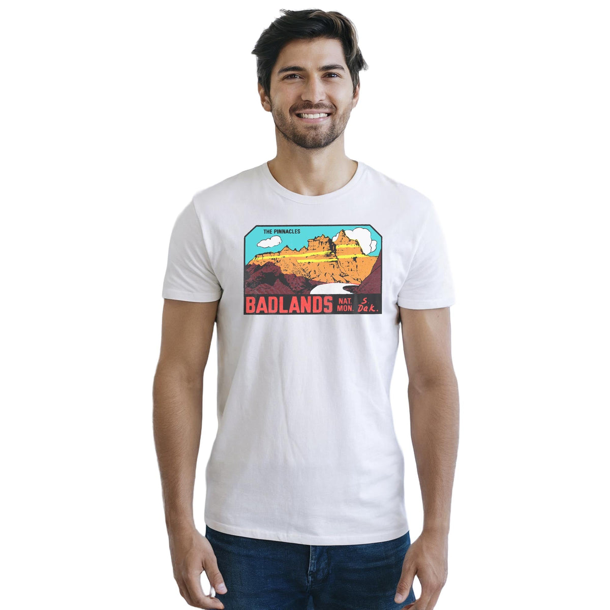 Badlands Pinnacles Vintage Staple T-shirt in White On Model - Front View