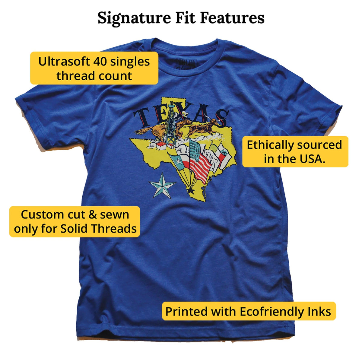 Texas Flags Vintage Signature T-shirt in Royal - Fit Attributes
