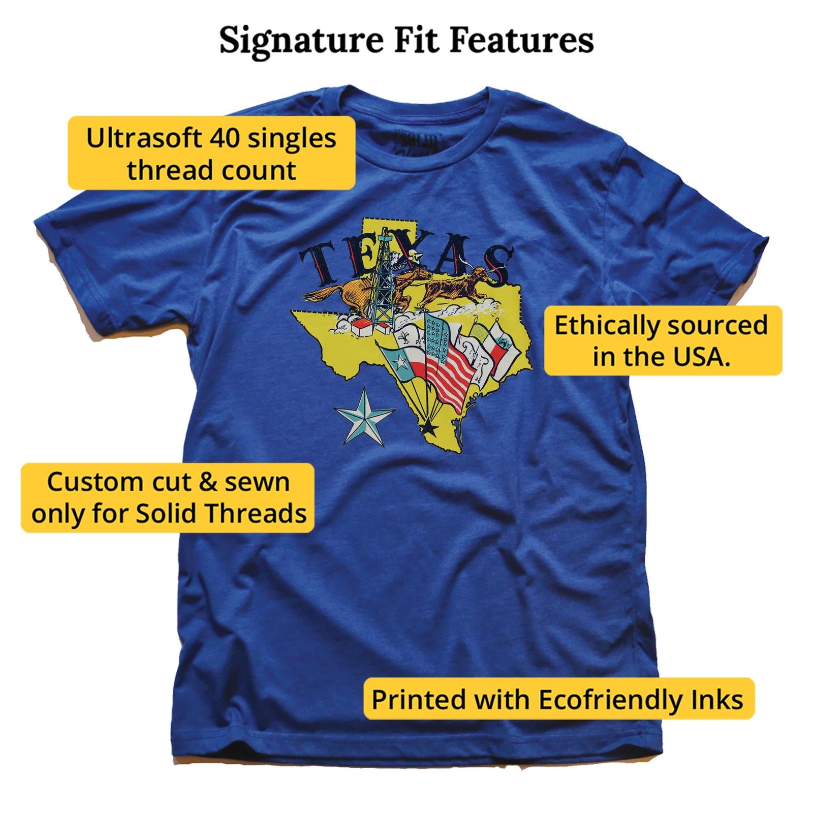 Texas Flags Vintage Signature T-shirt in Royal - Fit Attributes