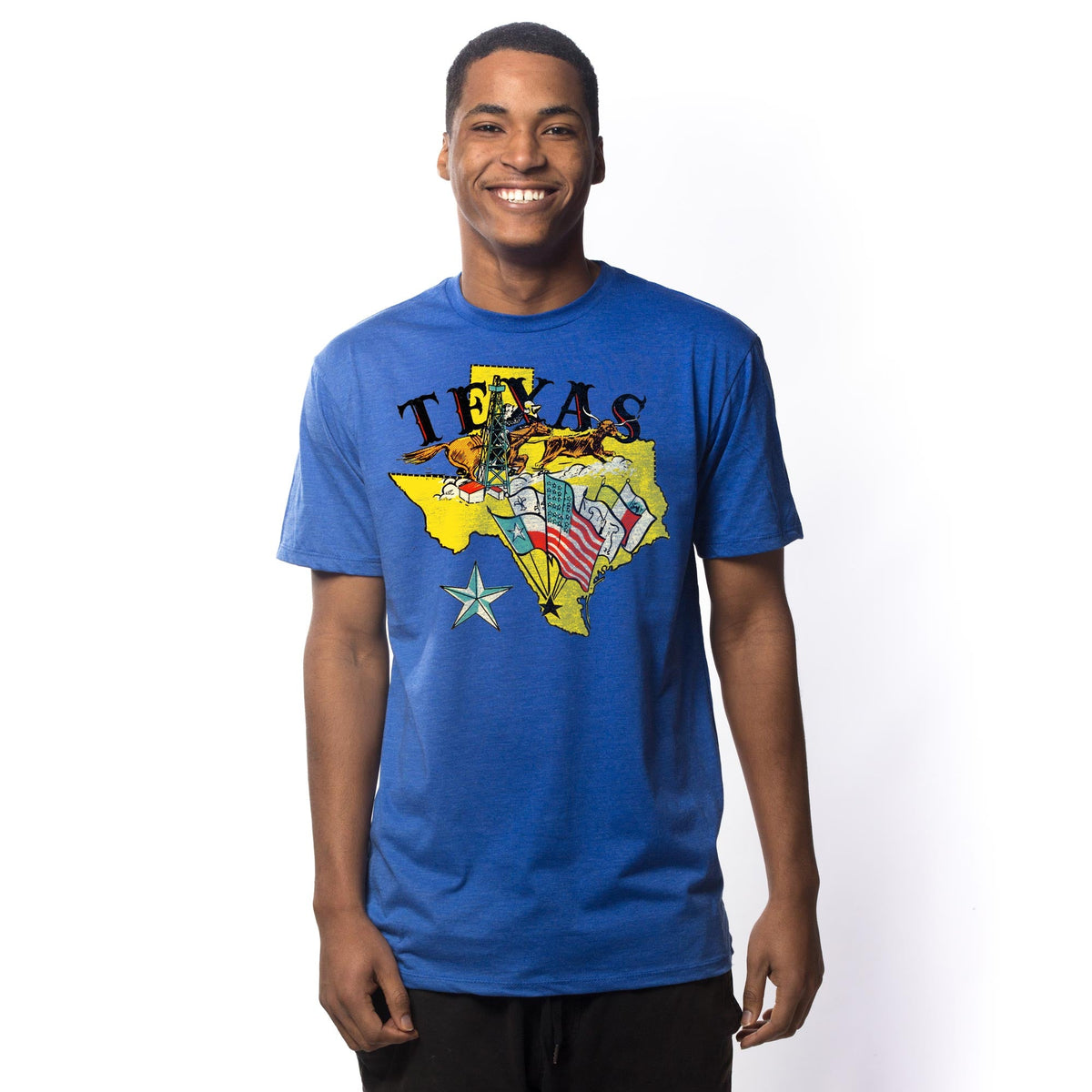 Men's Texas Flags Vintage Graphic T-Shirt | Cool TX State Tee on Model | Solid Threads