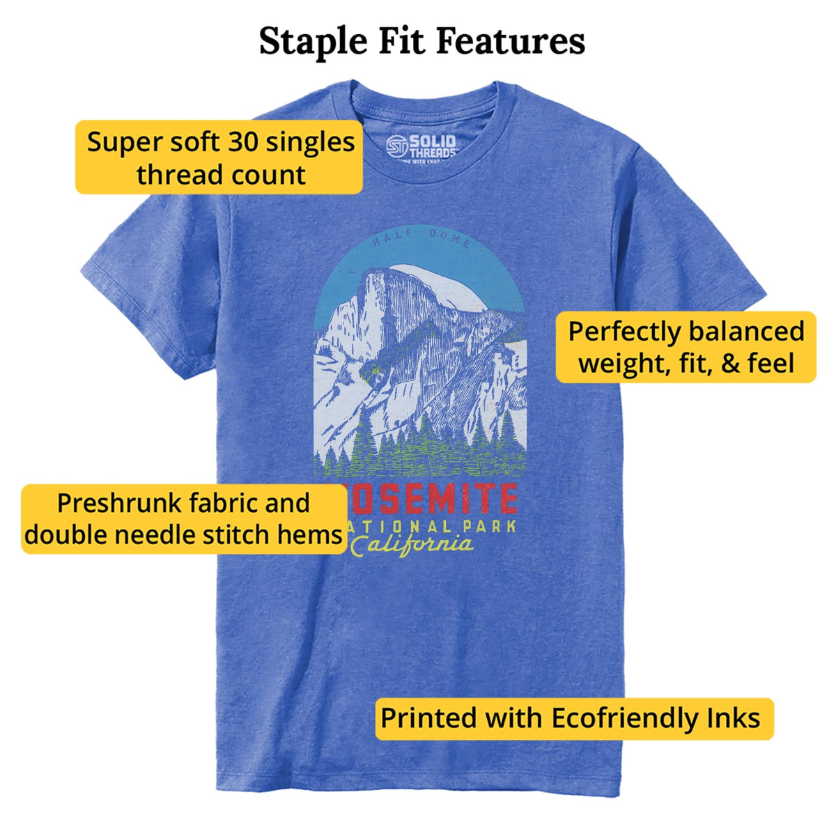 Yosemite Vintage Staple T-shirt in Royal Heather - Fit Attributes
