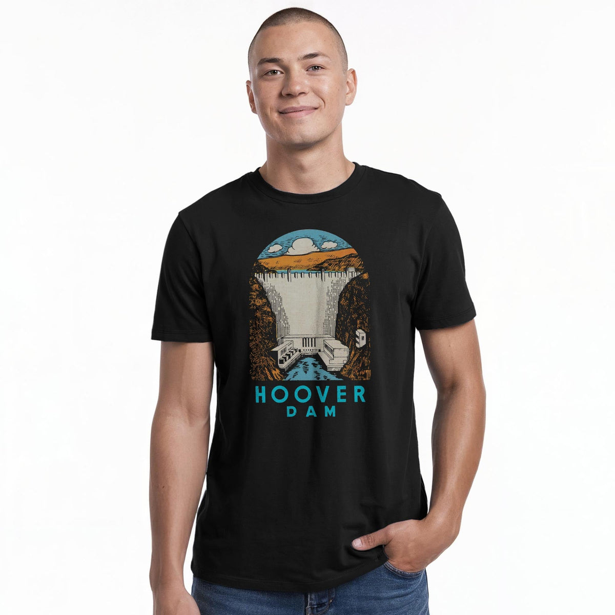 Hoover Dam Vintage Staple T-shirt in Black On Model - Front View