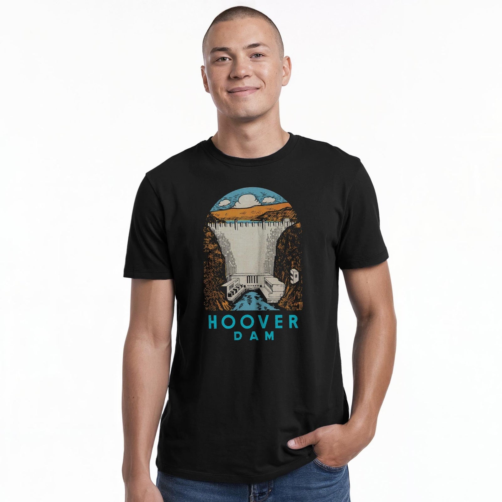Hoover Dam Vintage Staple T-shirt in Black On Model - Front View