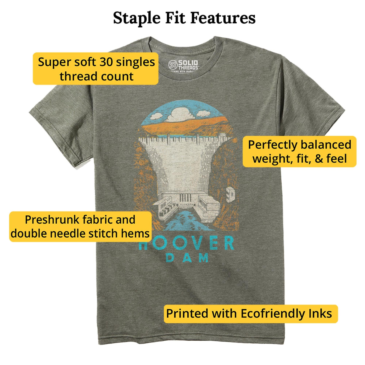 Hoover Dam Vintage Staple T-shirt in Olive Heather - Fit Attributes