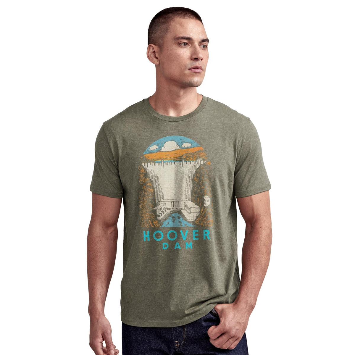 Hoover Dam Vintage Staple T-shirt in Olive Heather On Model - Front View