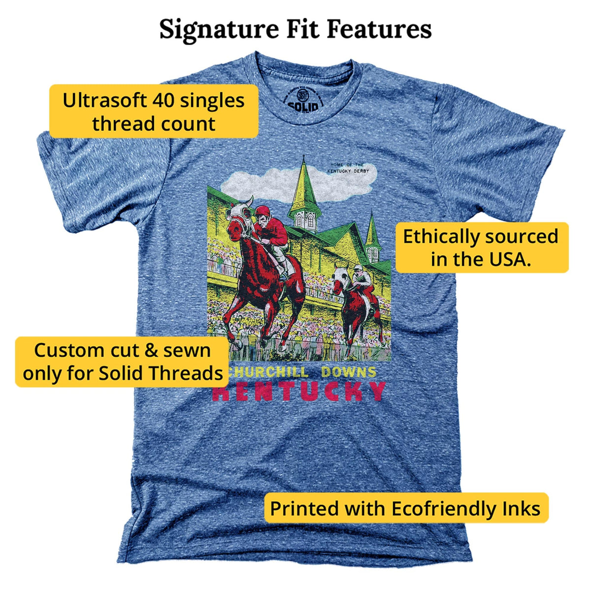 Churchill Downs Retro Signature T-shirt in Triblend Royal - Fit Attributes
