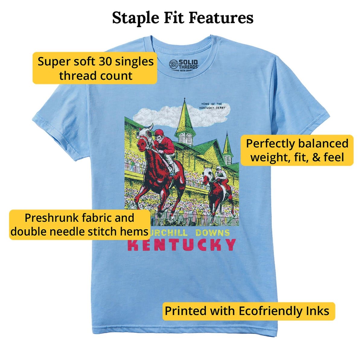 Churchill Downs Retro Staple T-shirt in Light Blue Heather - Fit Attributes