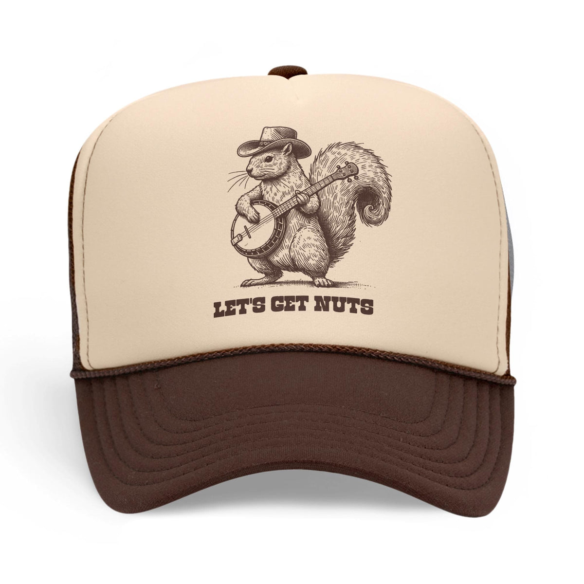 Lets Get Nuts Funny USA Made Trucker Hat | Cool Squirrel Cowboy Banjo Graphic Cap Front | Solid Threads