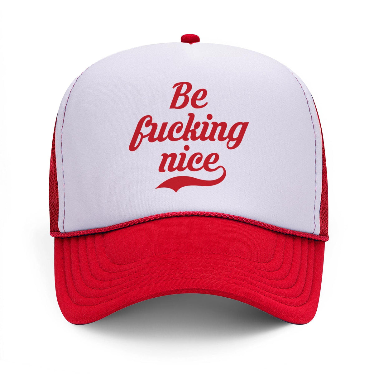 Be F*cking Nice Funny Trucker Hat | Designer Ironic Slogan Graphic Cap Front | Solid Threads