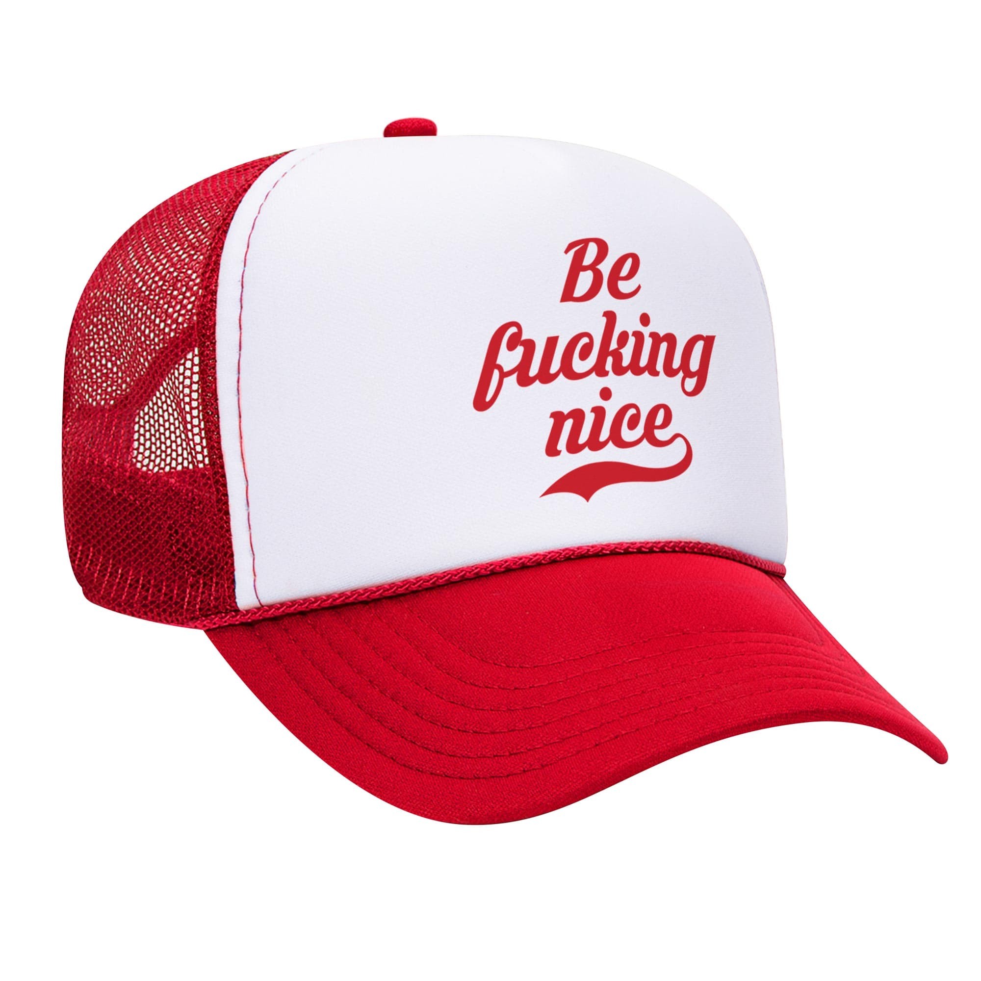 Be F*cking Nice Funny USA Made Trucker Hat | Designer Ironic Slogan Graphic Cap Side | Solid Threads