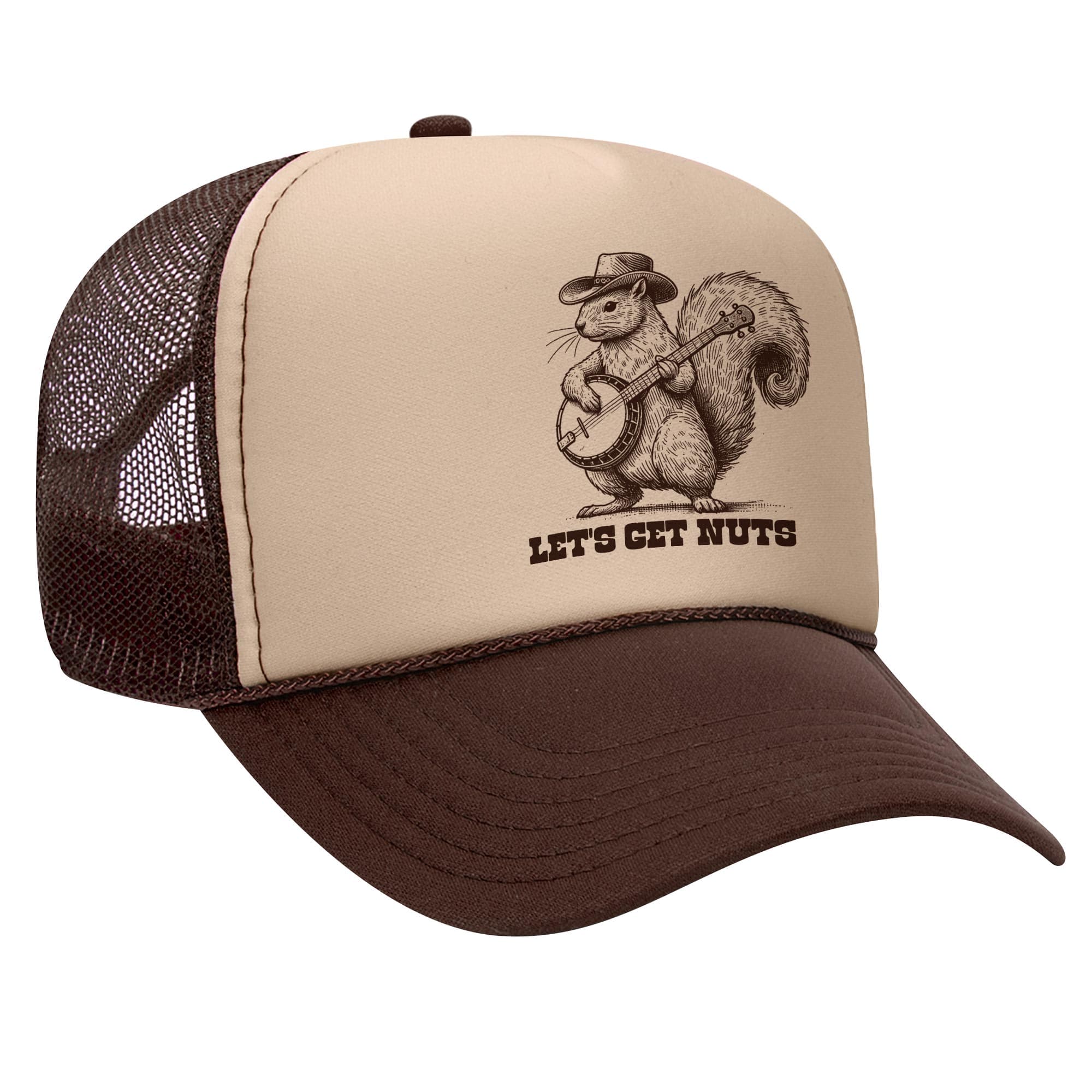 Lets Get Nuts Funny Trucker Hat | Cool Squirrel Cowboy Banjo Graphic Cap Side | Solid Threads