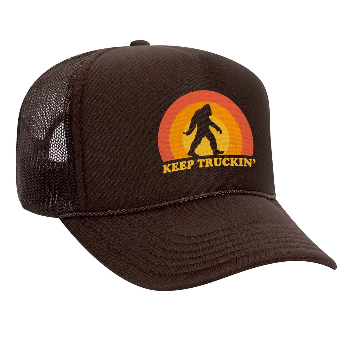 Keep Truckin' Cool USA Made Trucker Hat | Vintage Bigfoot Sasquatch Slogan Graphic Cap Side | Solid Threads