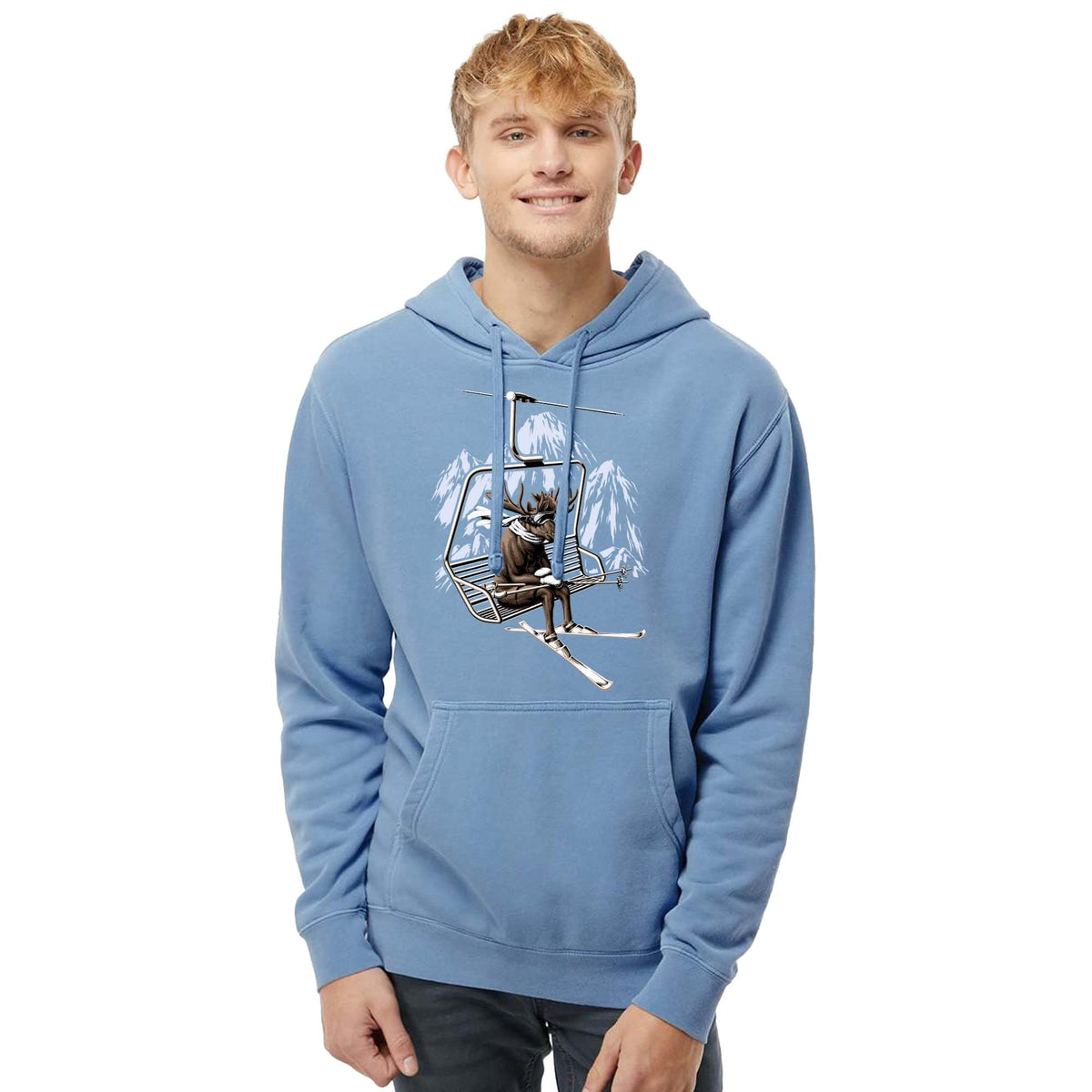 Vacation Moose Funny Graphic Vintage Wash Pullover Hoodie | Vintage Ski Lift Winter Fleece On Model | Solid Threads