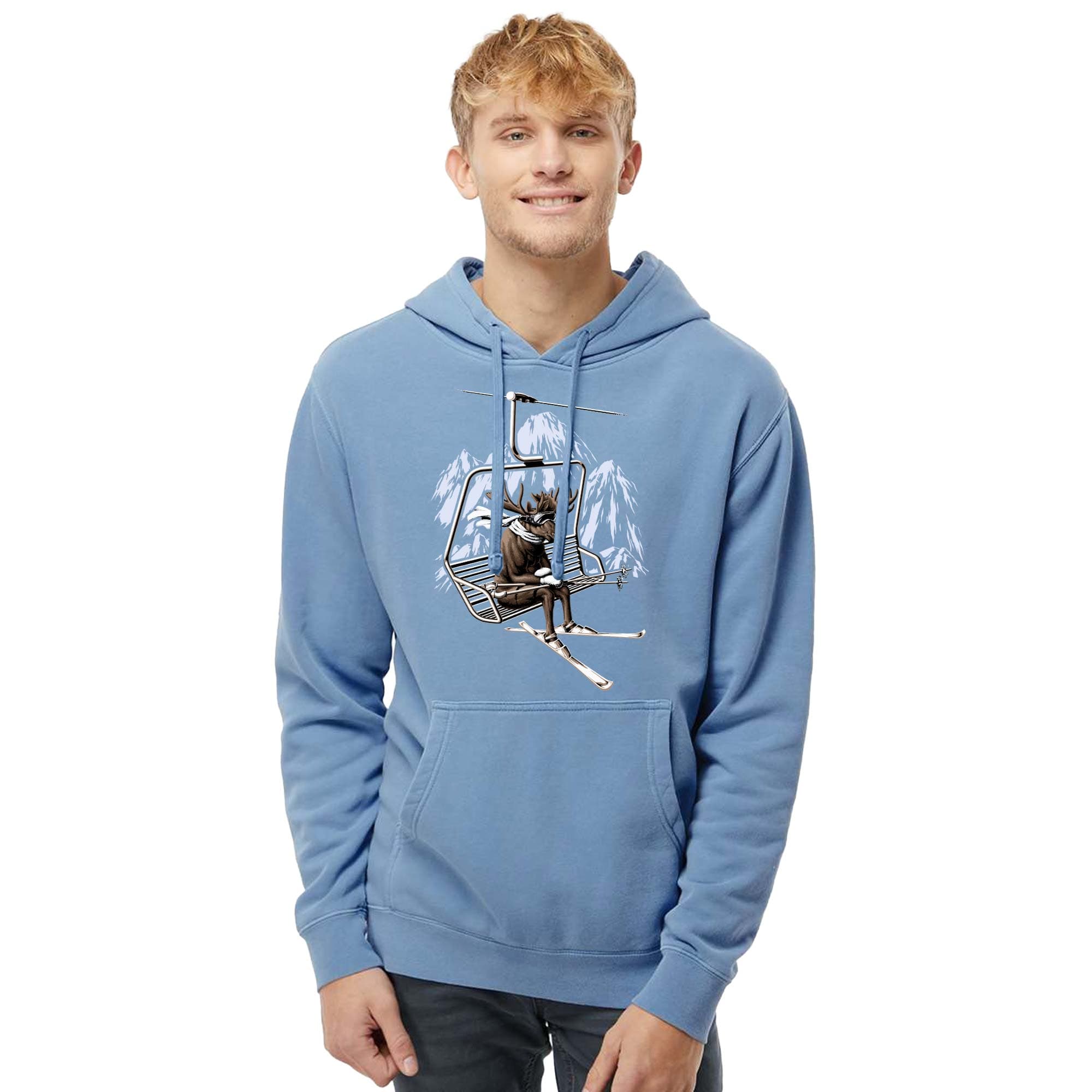 Vacation Moose Funny Graphic Vintage Wash Pullover Hoodie | Vintage Ski Lift Winter Fleece | Solid Threads