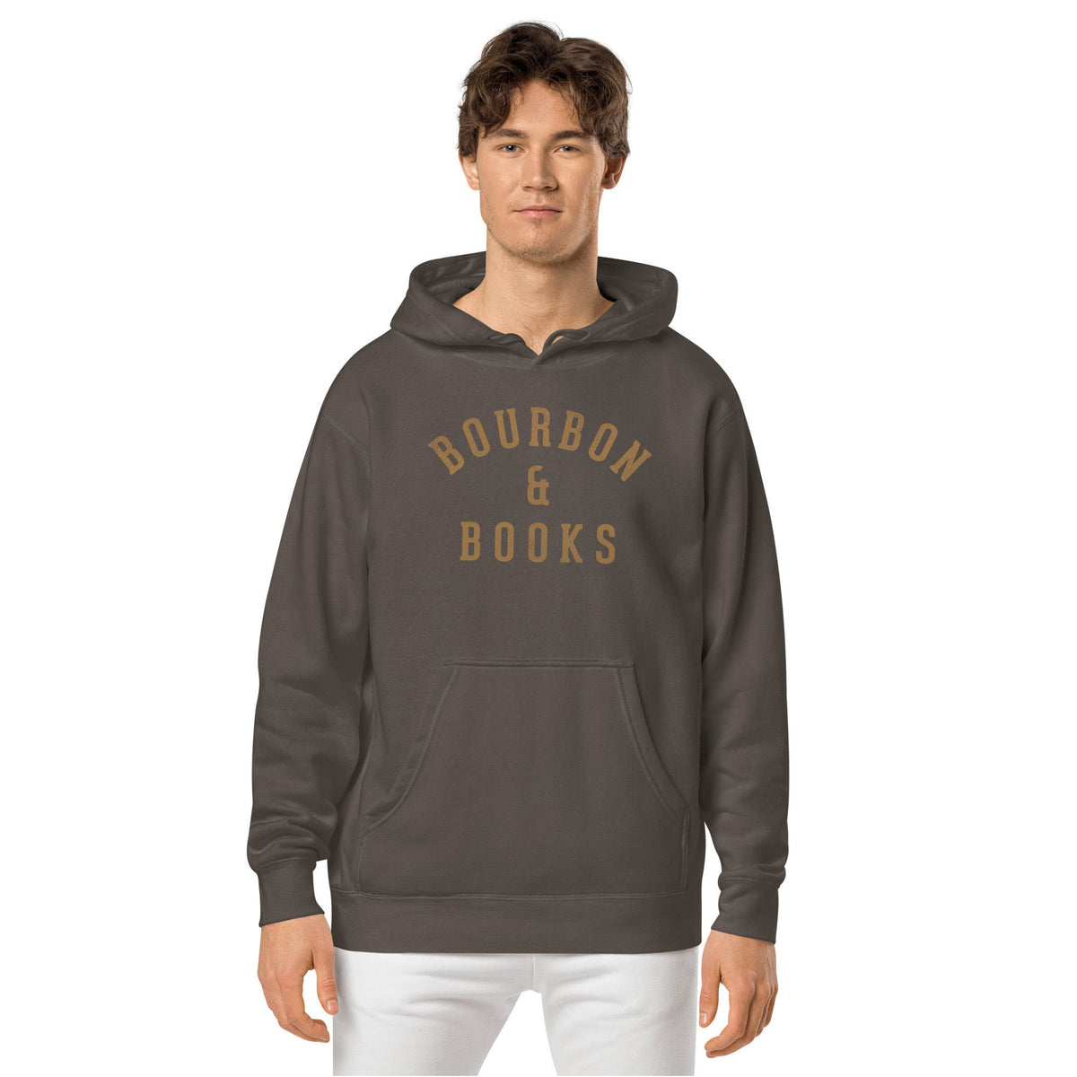 Bourbon & Books Funny Distillery Graphic Vintage Wash Pullover Hoodie | Vintage Whiskey Bookish Fleece on Model | Solid Threads