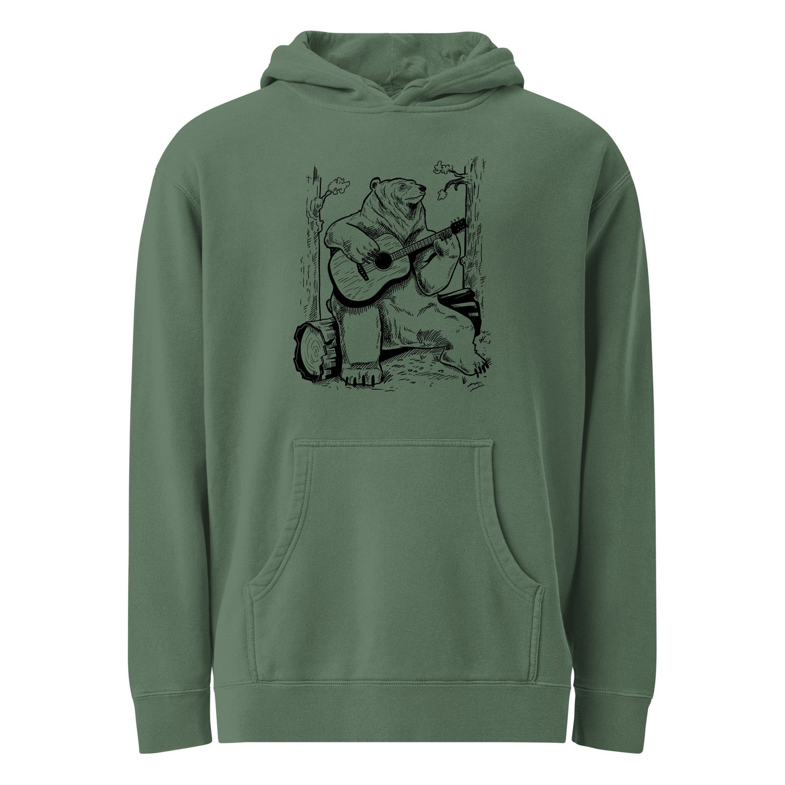 Acoustic Guitar Bear Cool Graphic Vintage Wash Pullover Hoodie | Designer Forest Log Camping Fleece | Solid Threads