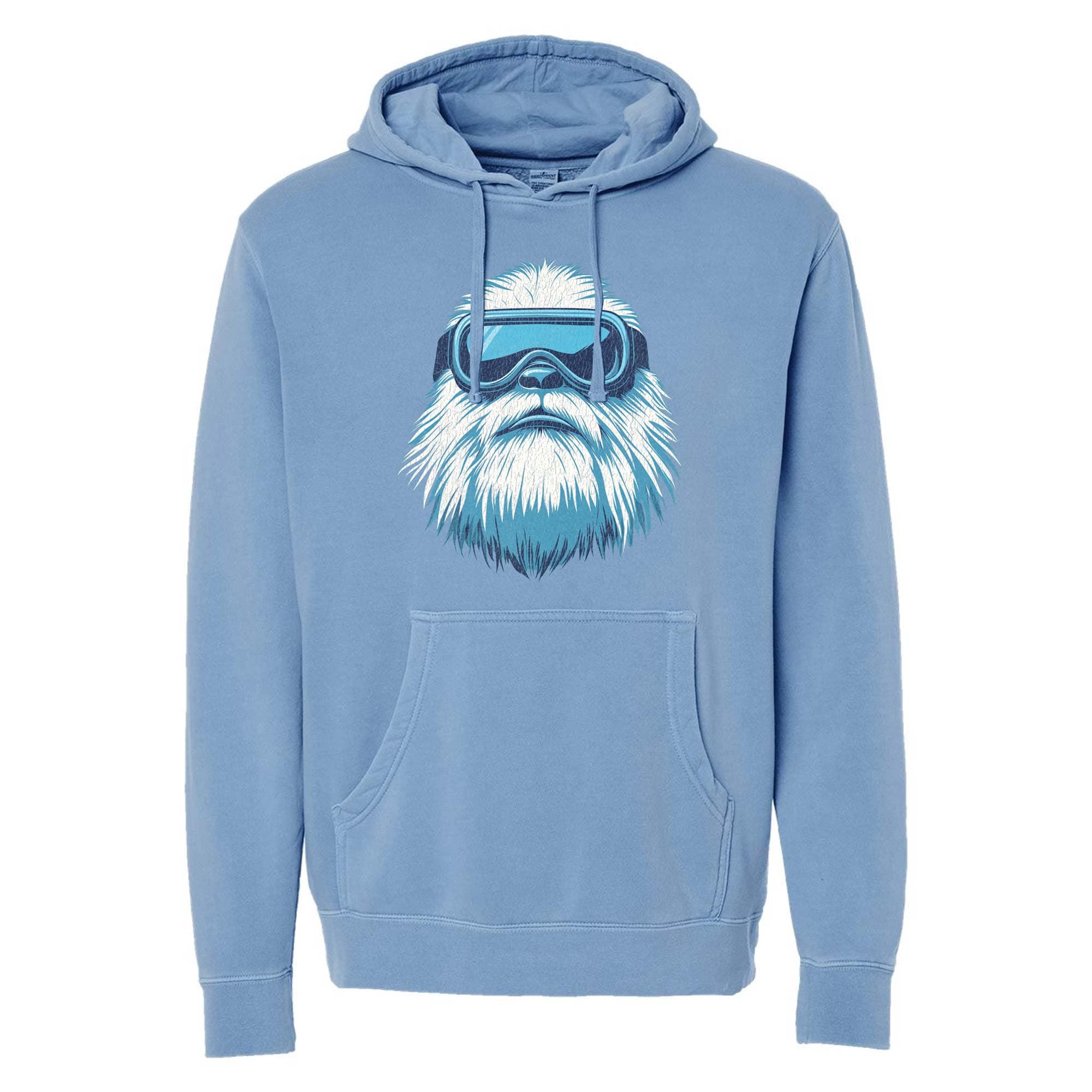 Yeti Skier Funny Graphic Vintage Wash Pullover Hoodie | Cool Abominable Snowman Goggles Fleece | Solid Threads