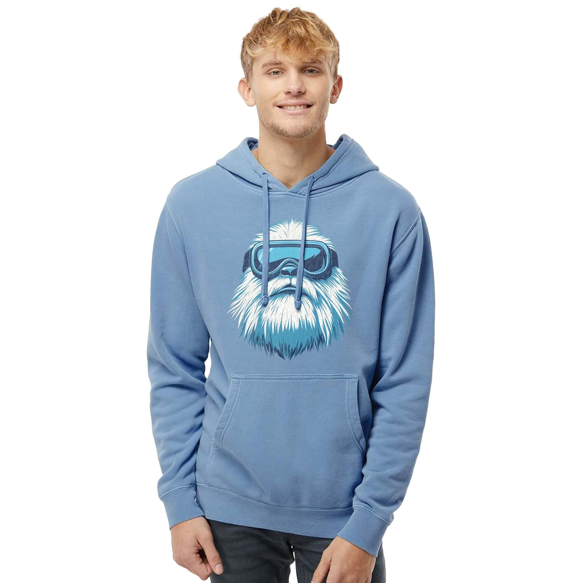 Yeti Skier Funny Graphic Vintage Wash Pullover Hoodie | Cool Abominable Snowman Goggles Fleece On Model | Solid Threads