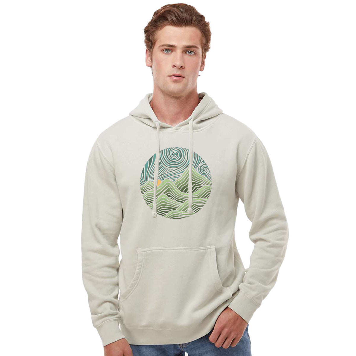 Men's Swirly Mountains Vintage Graphic Fleece | Cool Colorful Nature Vintage Wash Hoodie on Model | Solid Threads