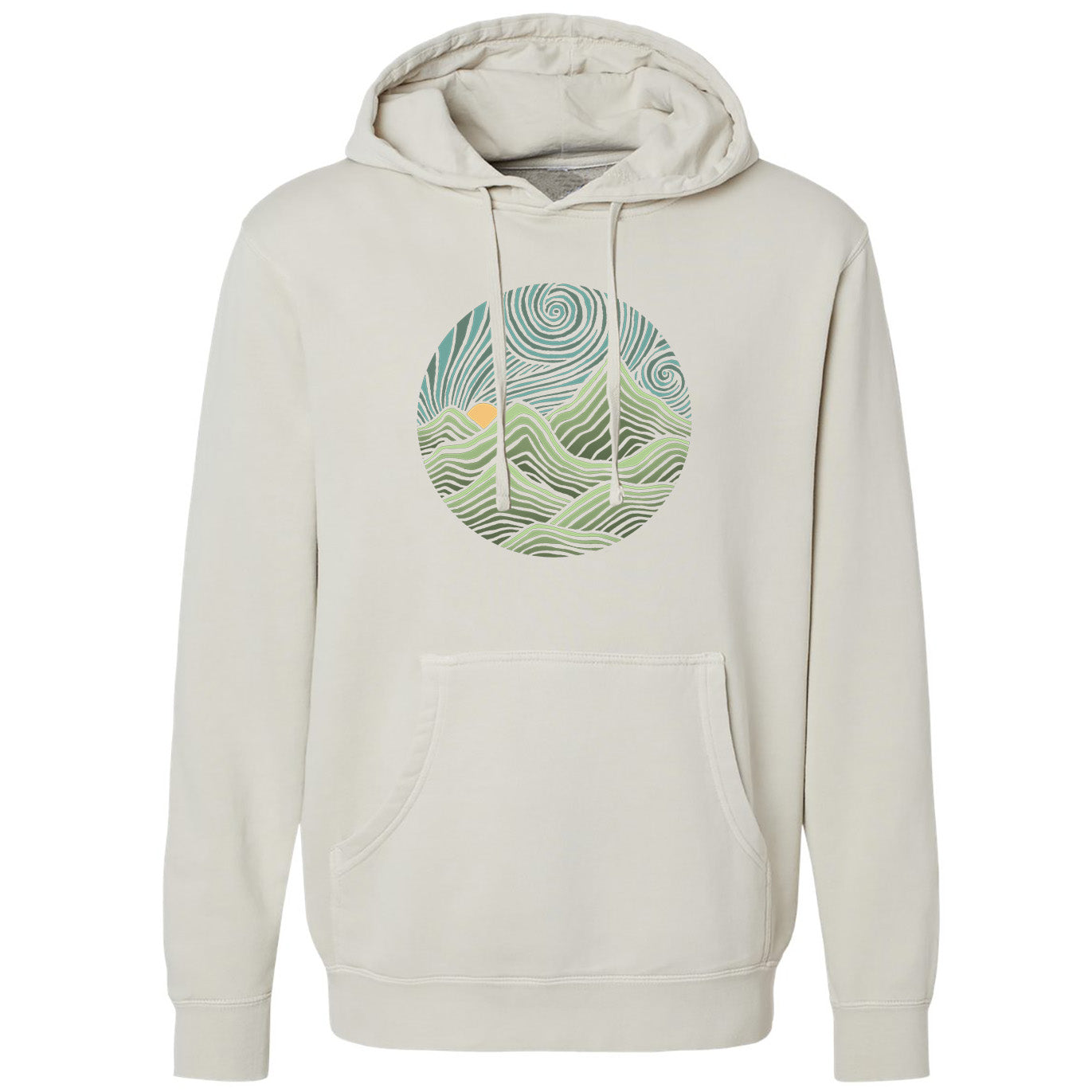 Men's Swirly Mountains Vintage Nature Graphic Fleece | Cool Colorful Hippie Vintage Wash Hoodie | Solid Threads