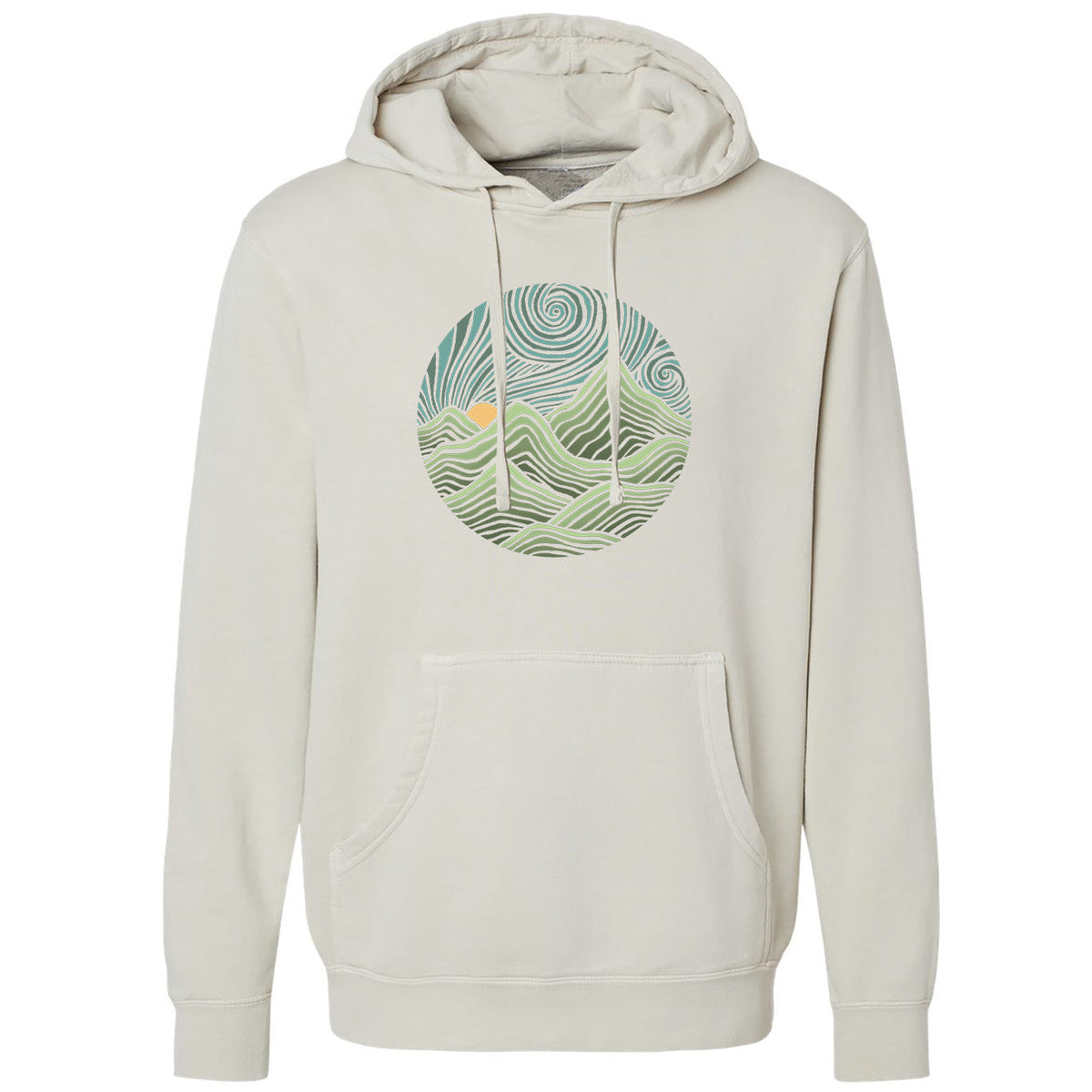 Unisex Swirly Mountains Vintage Nature Graphic Fleece | Cool Colorful Hippie Vintage Wash Hoodie | Solid Threads