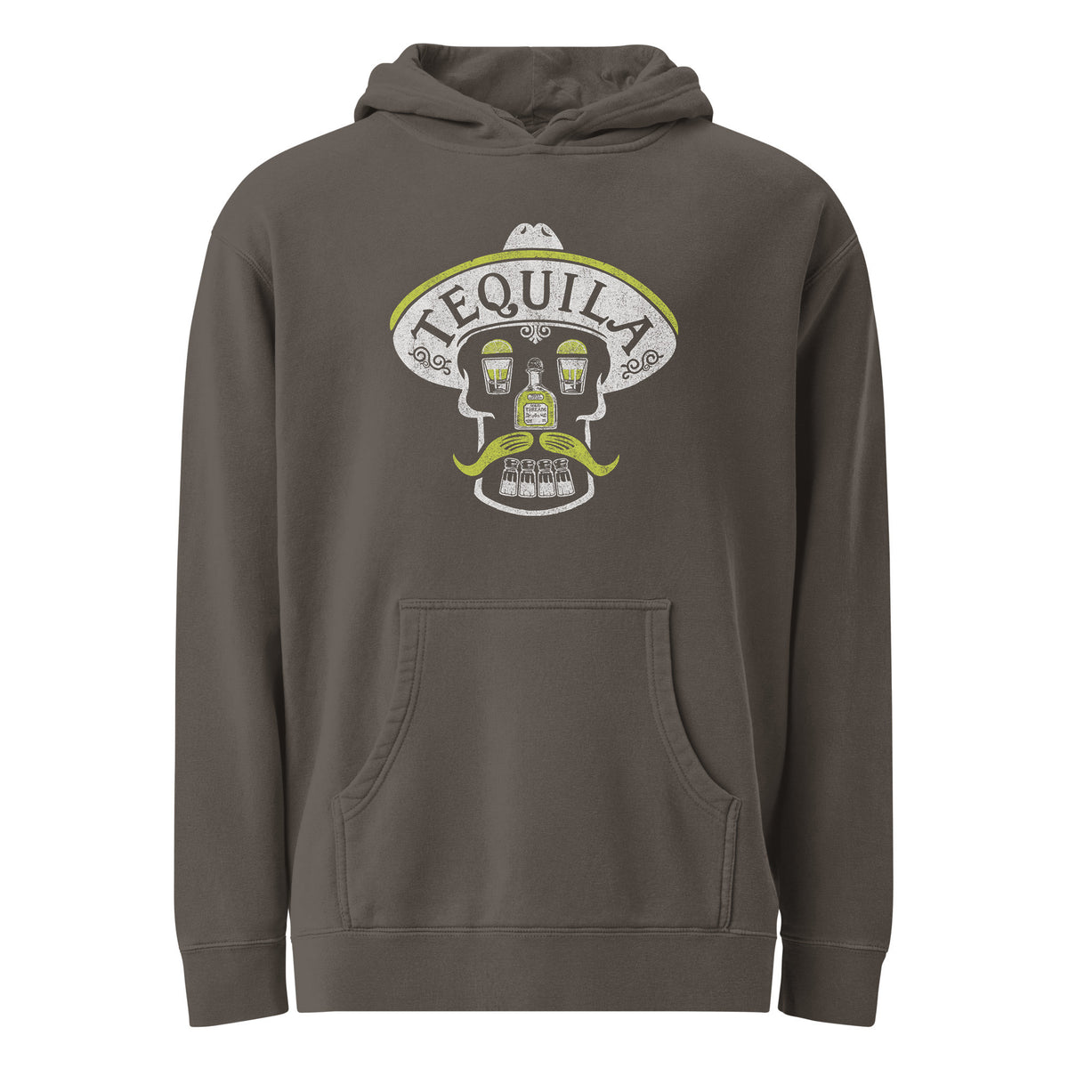 Men&#39;s Tequila Skull Vintage Drinking Graphic Fleece | Cool Taking Shots Party Vintage Wash Hoodie | SOLID THREADS