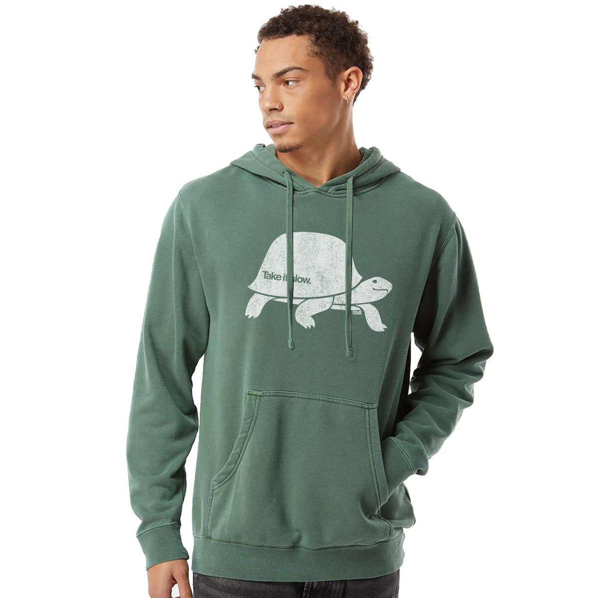 Men's Take It Slow Retro Turtle Graphic Vintage Wash Hoodie | Cool Mindfulness Vintage Wash Hoodie on Model | Solid Threads
