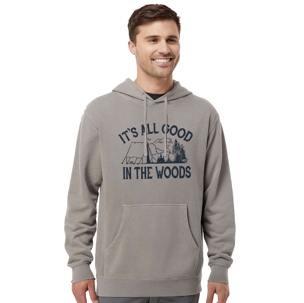 Men's All Good In The Woods Funny Hiking Graphic Fleece | Retro Nature Soft Vintage Wash Hoodie | SOLID THREADS