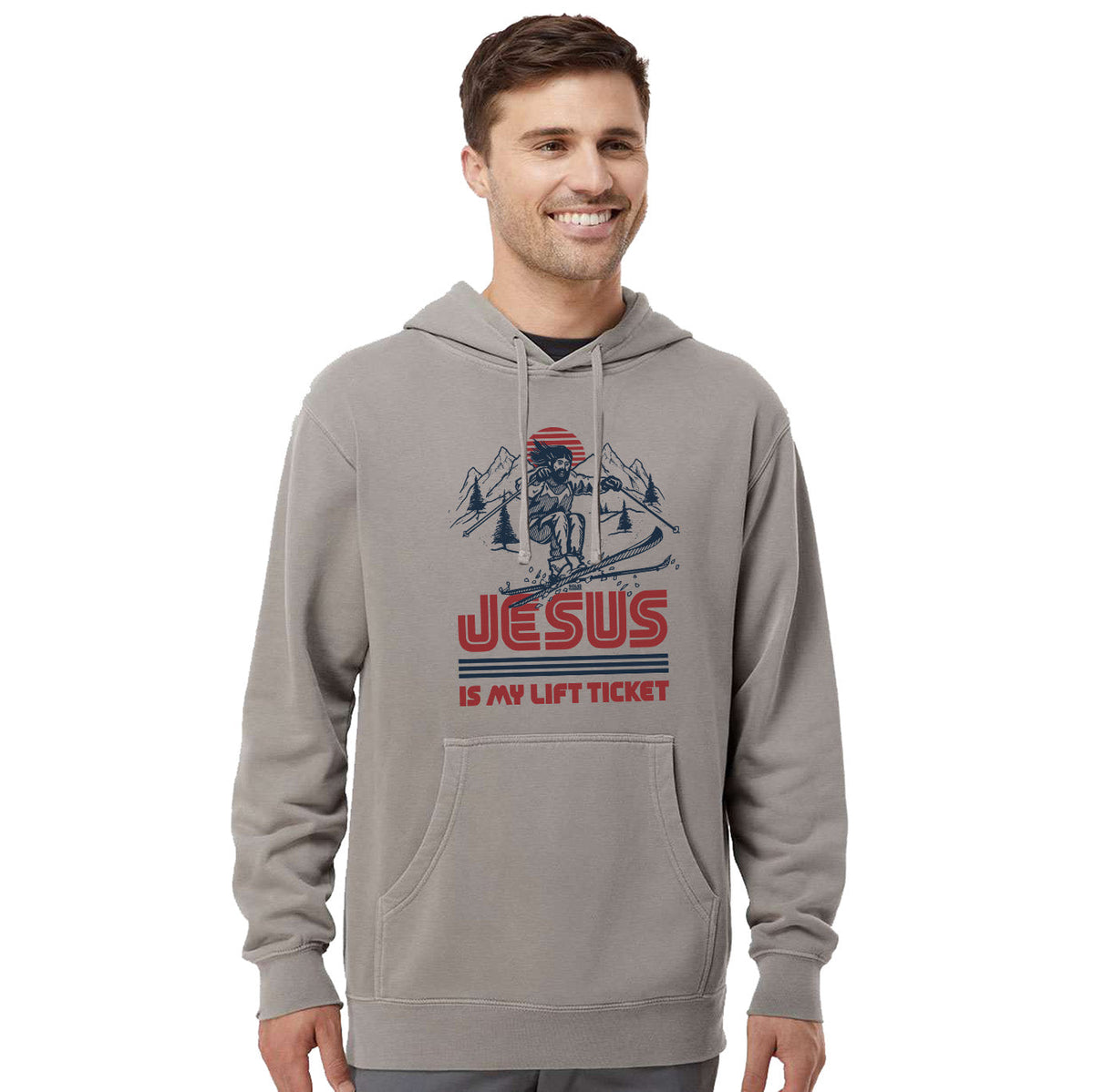 Men's Jesus is My Lift Ticket Funny Graphic Fleece | Vintage Skiing Vintage Wash Hoodie on Model | SOLID THREADS