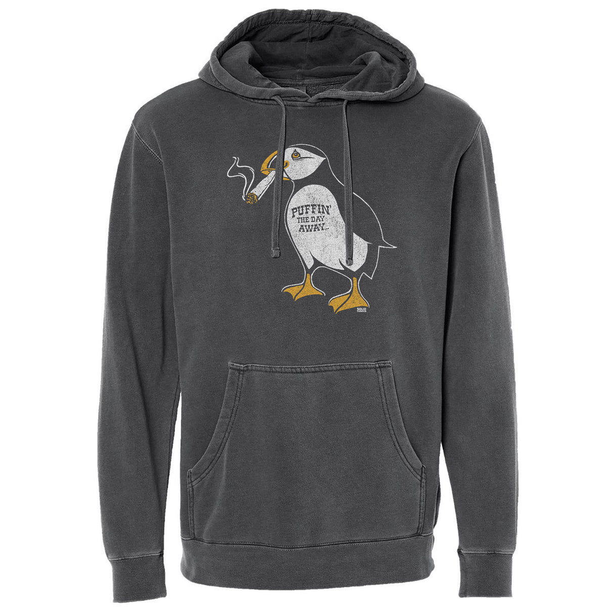 Men&#39;s Puffin The Day Away Vintage Stoner Graphic Fleece | Funny Joint Smoking Vintage Wash Hoodie | SOLID THREADS