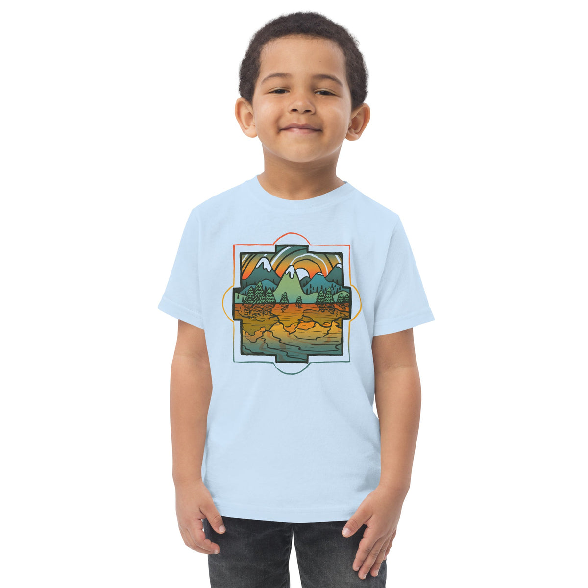 Toddler's Reflections Cool Extra Soft T-Shirt | Retro Artsy Landscape Tee On Model | Solid Threads