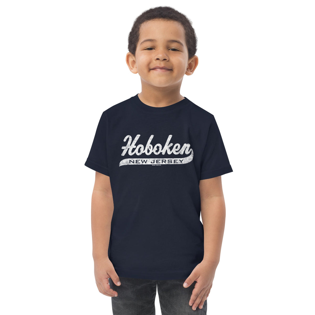 Toddler's Hoboken Script Cool Extra Soft T-Shirt | Retro New Jersey Tee On Model | Solid Threads