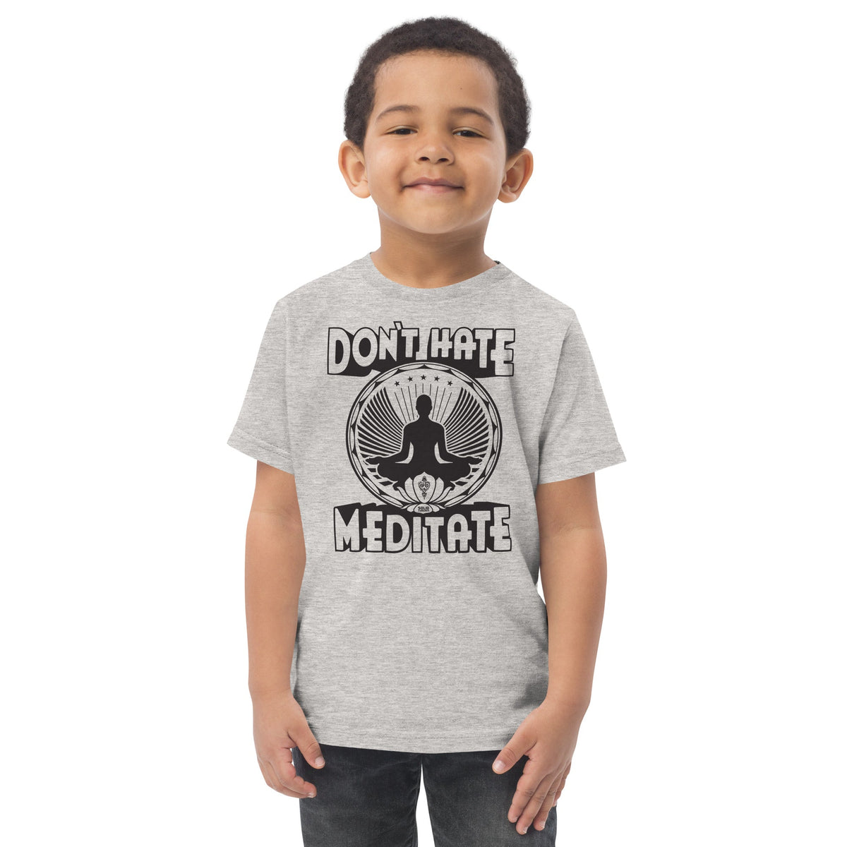 Toddler's Don't Hate Meditate Funny Extra Soft T-Shirt | Retro Yogi Tee On Model | Solid Threads
