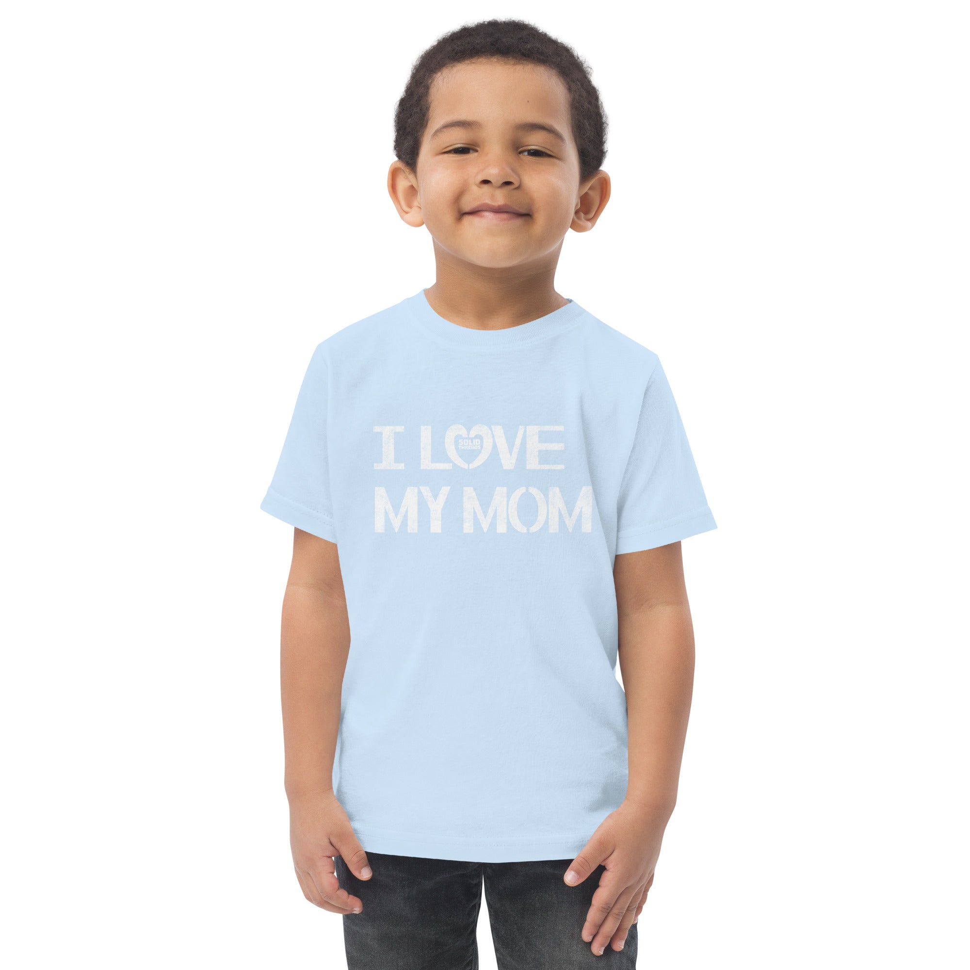 Toddler's I Love My Mom Cute Extra Soft T-Shirt | Retro New Parent Tee On Model | Solid Threads