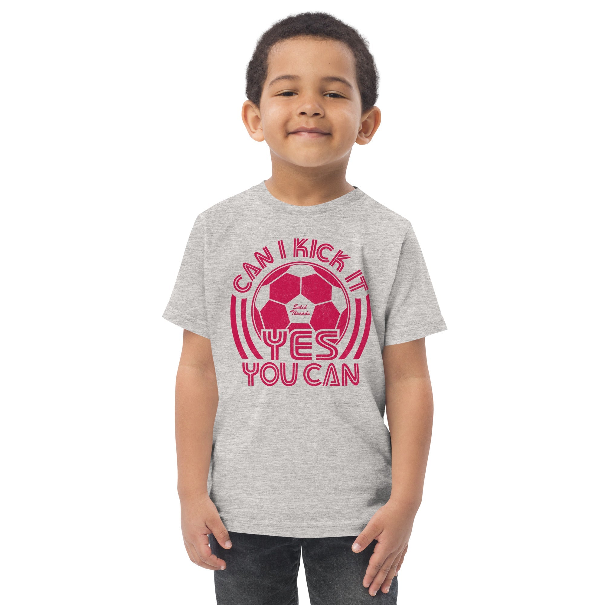 Toddler's Kick It Yes You Can Retro Extra Soft T-Shirt | Funny Soccer Tee On Model | Solid Threads