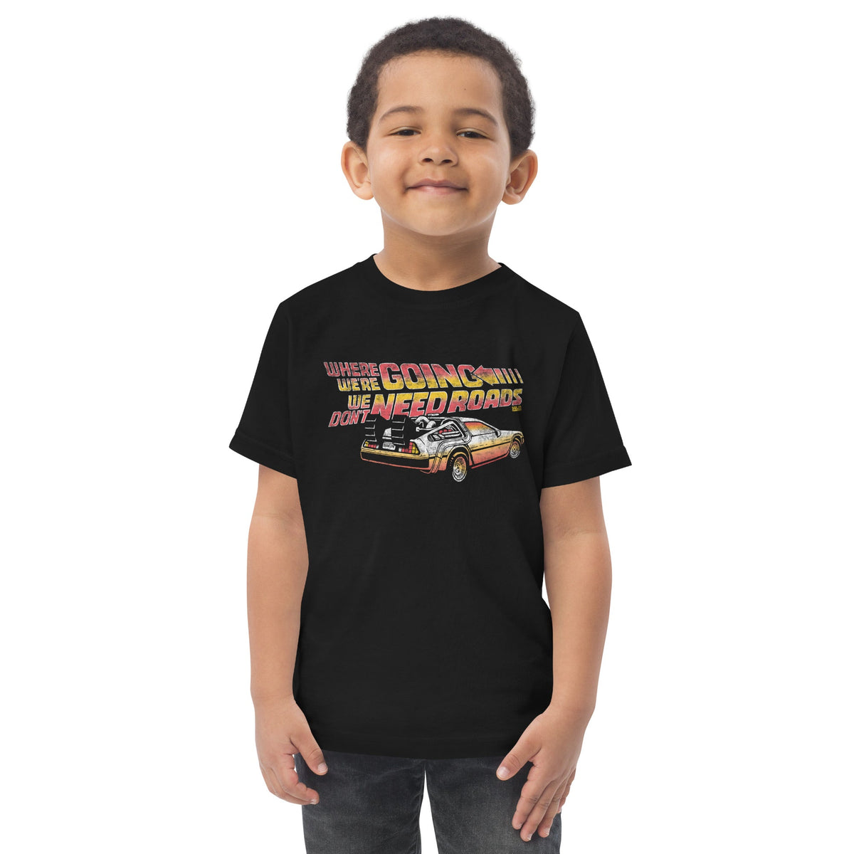 Toddler's We Don't Need Roads Cool Extra Soft T-Shirt | Retro 80s Movie Tee On Model | Solid Threads