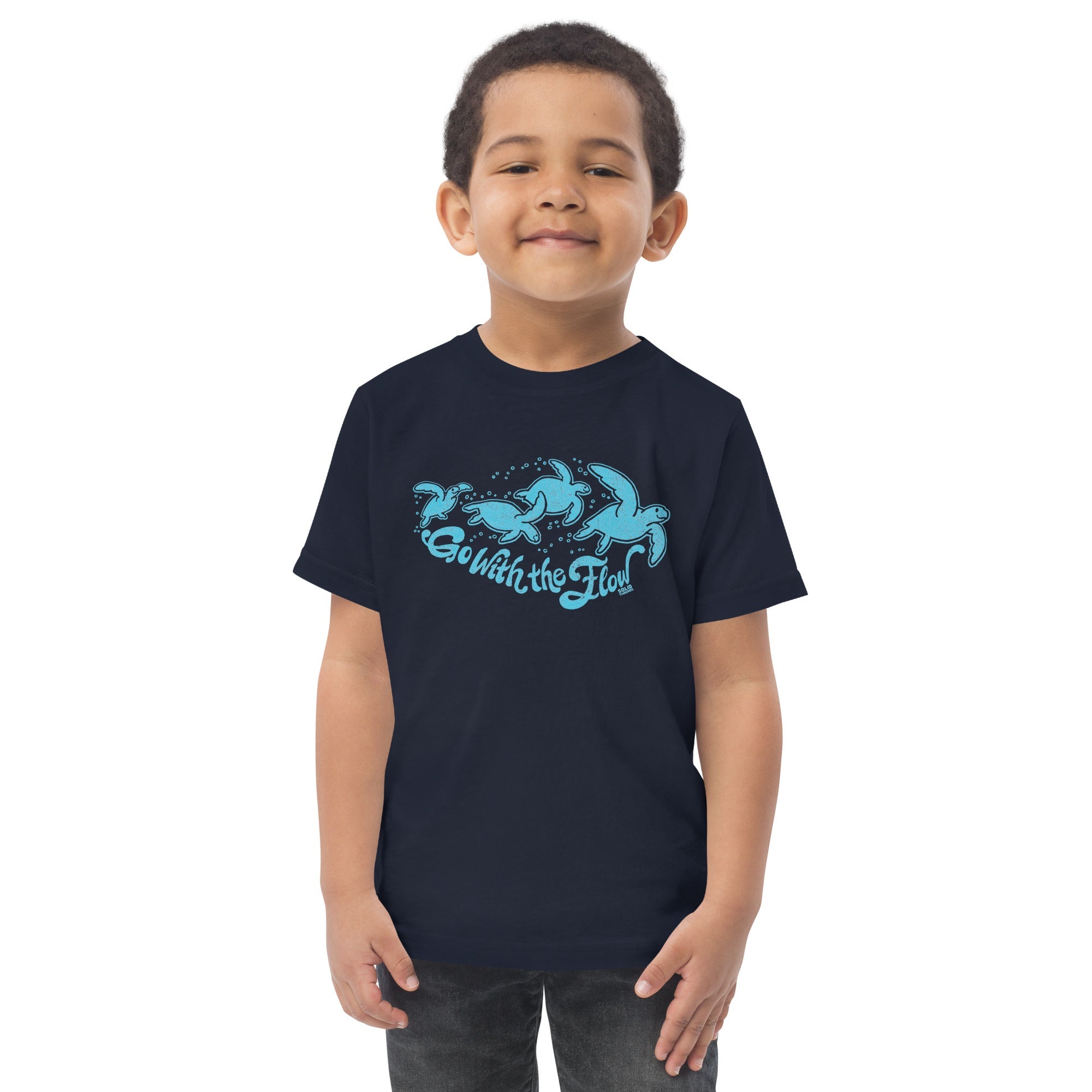 Toddler's Go With The Flow Retro Extra Soft T-Shirt | Cool Sea Turtle Tee On Model | Solid Threads
