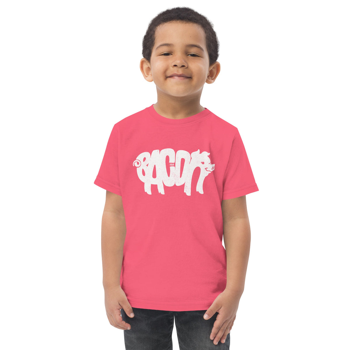 Toddler's Bacon Retro Piggy Extra Soft T-Shirt | Funny Breakfast Foodie Tee On Model | Solid Threads