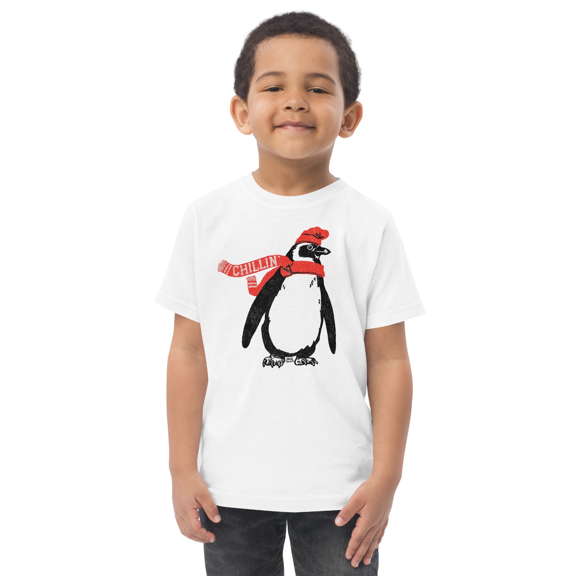 Toddler's Chillin Cool Snowy Extra Soft T-Shirt | Retro Cute Penguin Tee On Model | Solid Threads
