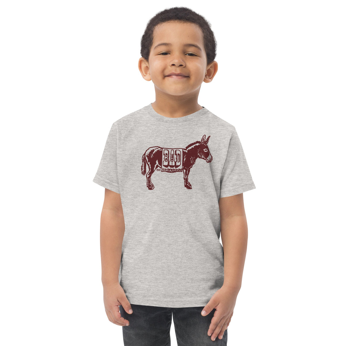 Toddler's Bad Ass Funny Animal Extra Soft T-Shirt | Cool Donkey Pun Tee On Model | Solid Threads